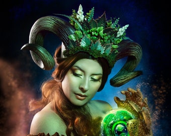 Green Faerie curved horn headdress, Spring Equinox Headdress