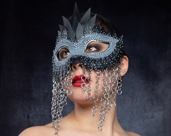 Masque de mascarade enchaîné argenté, masque de cotte de mailles, masque de mascarade fétiche adulte, masque de mascarade discret