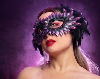 Purple Feathered Mask, Party Masquerade Mask, Purple Bird Masquerade Mask