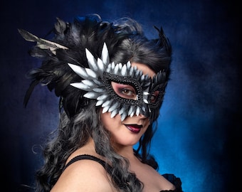 Masque plume de corbeau argenté, masque de mascarade, masques de mascarade femme, masque d'oiseau