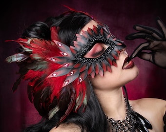 Masque de mascarade sexy plume rouge, masques de mascarade femme, masque oiseau phénix, masques de mardi gras
