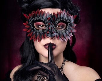 Small Red Tipped Masquerade Mask, Black Bead Masquerade Mask