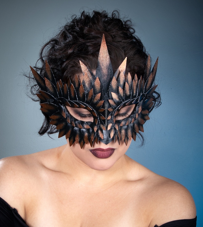 Small Black Mask, Gold Tipped, Masquerade Masks Women, Burning Man, Faux Leather Mask, Bird Mask, Mardi Gras Masks, Fetish Mask, Unisex Mask image 2