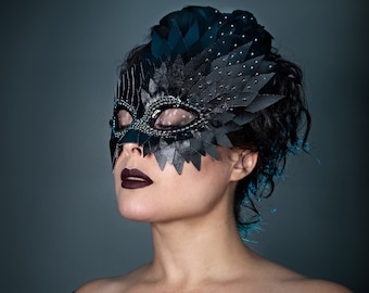 Black Feather Mask, Masquerade Masks Women, Raven Masquerade Mask, Faux Leather Mask, Bird Mask, Mardi Gras Mask, Wedding Mask