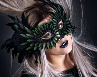 Green Masquerade Mask, Black Feather Mask, Green Fairy Mask, Masquerade Mask Women, Bird Mask