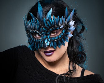 Blue Bird Mask, Masquerade Masks Women, Faux Leather Mask, Blue Dragon Mask, Bird Mask, Mardi Gras Masks, Fetish Mask