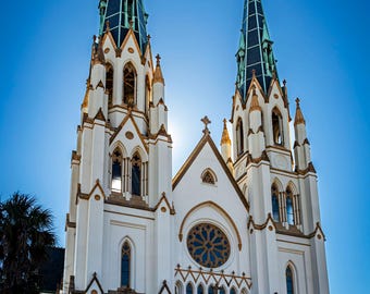Savannah, Georgia Cathedral Basilica of St. John the Baptist, twin spires and Gothic Architecture, Historic District on Lafayette Square