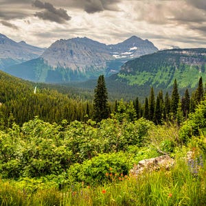 May include: A scenic landscape featuring towering mountains under a cloudy sky. Lush green forests and vibrant vegetation fill the foreground, with a winding road visible in the distance. The image captures the beauty of nature.