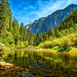 May include: A scenic view of a river flowing through a lush forest with towering mountains in the background. The water is clear and reflects the surrounding trees and sky.