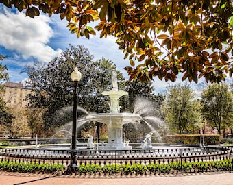 May include: A picturesque outdoor scene featuring a multi-tiered white fountain with water spraying upwards. The fountain is surrounded by a black wrought-iron fence and lush greenery. The sky is blue with fluffy white clouds, and the scene is framed by tree branches.