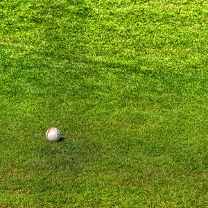 May include: A white baseball sits on a green grassy field.