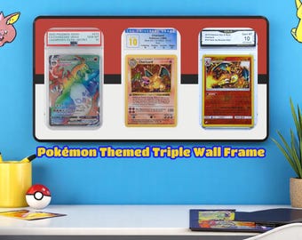 May include: A white triple wall frame with three clear plastic sleeves for displaying Pokemon trading cards. The frame has the text "Pokémon Themed Triple Wall Frame" printed on the bottom. The frame is displaying three different Charizard cards, one with a holographic finish, one with a rainbow finish, and one with a red and orange finish.