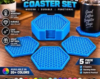 May include: A five-piece set of bright blue hexagon coasters featuring a honeycomb pattern. The set includes four individual coasters and one matching stacking holder. A black mug with the text Good Coffee Brighter Days sits on one coaster.