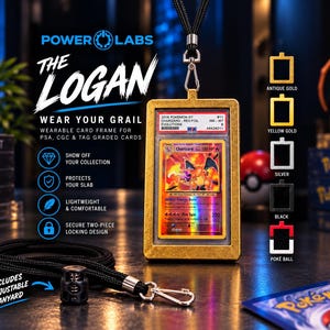 May include: A gold-colored rectangular wearable card frame for graded cards, featuring a Charizard Pokemon card inside. The frame includes a black adjustable lanyard with a metal clip. Text on the image reads Power Labs, The Logan, and Wear Your Grail.