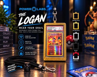 May include: A gold-colored rectangular wearable card frame for graded cards, featuring a Charizard Pokemon card inside. The frame includes a black adjustable lanyard with a metal clip. Text on the image reads Power Labs, The Logan, and Wear Your Grail.
