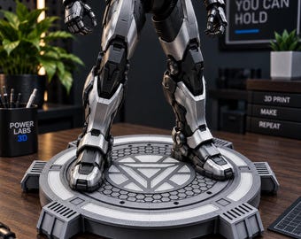 May include: A silver and black robotic action figure standing on a circular display base with a triangular center design. The figure features articulated mechanical leg armor with metallic plating and dark joints, positioned on a textured platform.