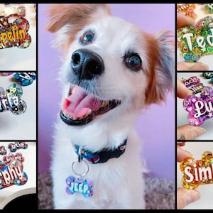 May include: A collection of colorful, bone-shaped pet tags with names like "Zeppelin," "Teddy," and "Simba" in various fonts. The tags are glittery and have decorative elements. A happy dog with a collar and a matching "Jeep" tag is in the center.