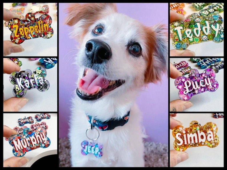 May include: A collection of colorful, bone-shaped pet tags with names like "Zeppelin," "Teddy," and "Simba" in various fonts. The tags are glittery and have decorative elements. A happy dog with a collar and a matching "Jeep" tag is in the center.