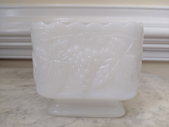 c 1950s White Milk Glass Planter -Vase Colony Harvest Grape Pattern Vintage MCM