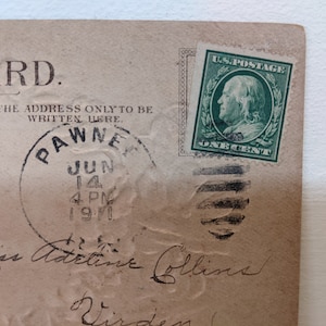 1911 Benjamin Franklin One Cent Stamp Green  Postcard Pawnee IN to Virden IL