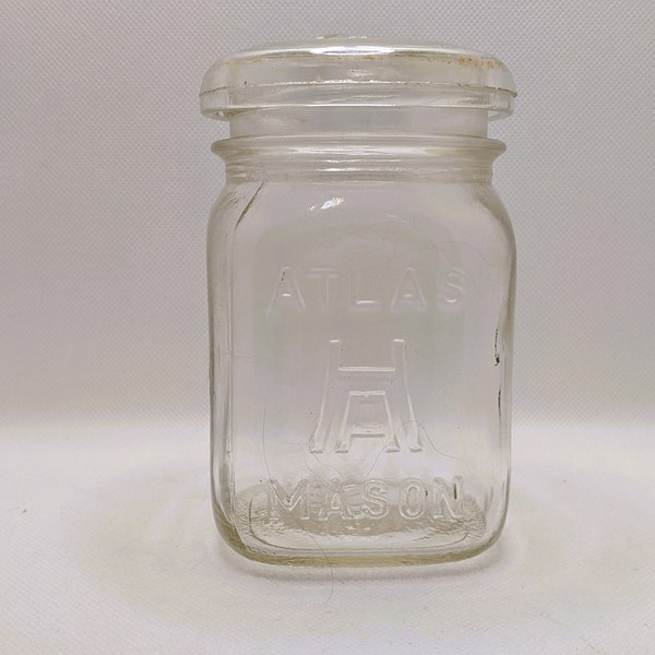 c 1920s Alas square Mason Jar H over A Embossed  Vintage Canning Jar Hazel Atlas