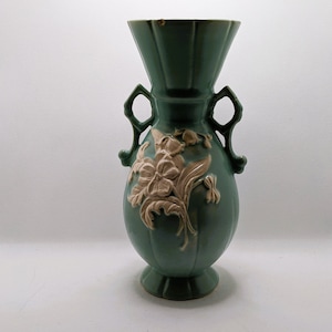 c 1920-1930s Weller Pottery Vase  Dogwood Wild Rose Pattern Green White Flowers