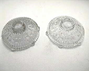 c 1970s Pair Taper Candle Holders Pressed Glass  Elegant Table Accent Vintage