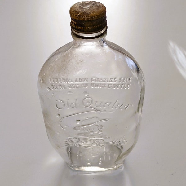 1940 Old Quaker Whiskey Bottle Vintage Flask Embossed Federal Law Forbids EMPTY