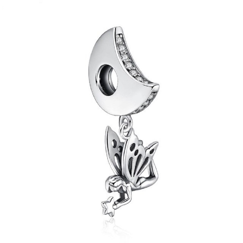 Silver Fairy Moon Charm Genuine 925 Sterling Silver & Blue CZ Gift 