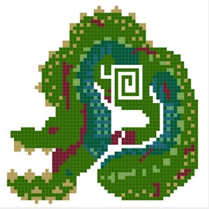 May include: A pixel art design of a green, blue, and red creature with a spiral pattern in the center.