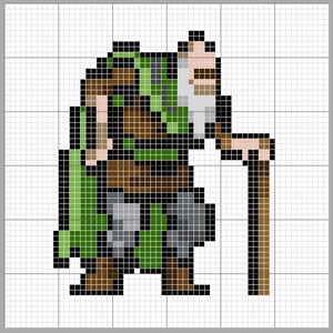 Può includere: Un'illustrazione pixel art di un uomo anziano con la pelle marrone, una lunga barba bianca, una tunica marrone, pantaloni verdi e stivali marroni. Porta una borsa verde e tiene un bastone da passeggio in legno.