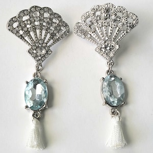 Art Deco Fan Crystal Earrings – Vintage Glam Statement Earrings with White Tassel | Great Gatsby Inspired Jewelry | 1920s Flapper Style
