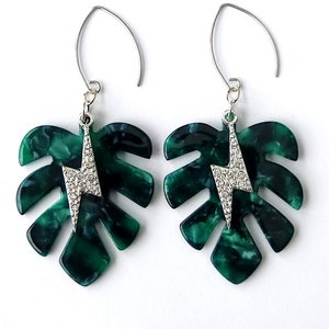 Bold Monstera Leaf Earrings with Rhinestone Lightning Bolt, Tropical Statement Earrings, Green Acrylic Dangle Earrings, Funky Jungle Jewelry