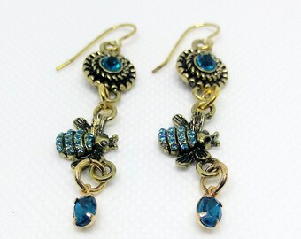 Gold Bumble Bee Dangle Earrings: Blue Rhinestone Insect Jewelry
