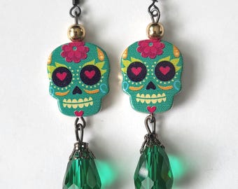 Sugar Skull Earrings – Day of the Dead Jewelry with Green Crystal Drops | Colorful Dia de los Muertos Earrings | Festive Skull Earrings