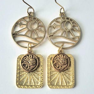 Sunrise & Celestial Face Earrings – Boho Gold Sun Charm Dangles | Handmade Bohemian Sun Jewelry | Nature Inspired Gifts for Her