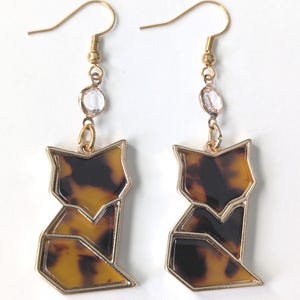 Tortoiseshell Fox Earrings: Gold Outline, Crystal Accent, Acrylic Dangles