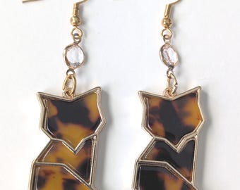 Tortoiseshell Fox Earrings: Gold Outline, Crystal Accent, Acrylic Dangles