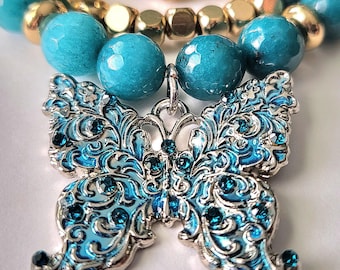 Blue Butterfly Filigree Beaded Bracelet: Handcrafted Rhinestone Jewelry