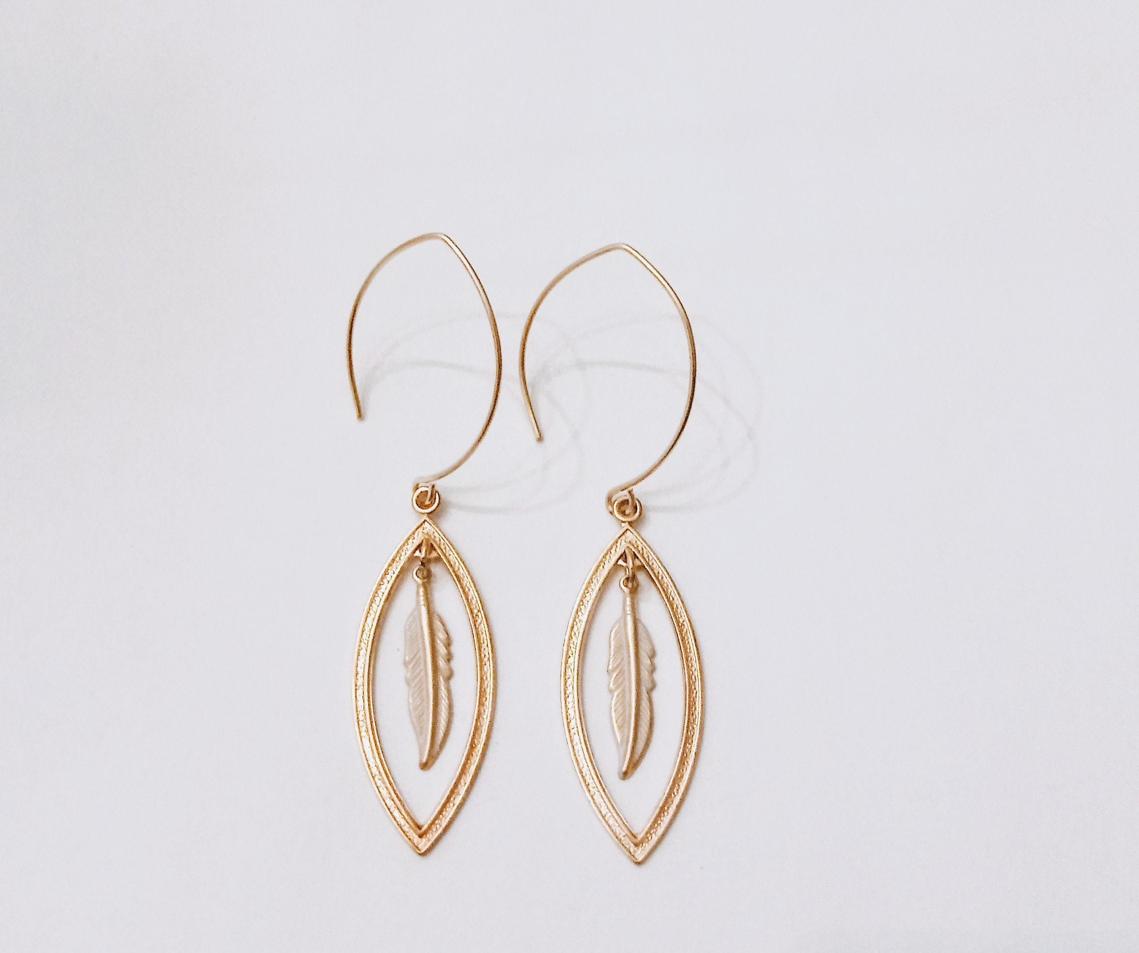 Gold Feather Oval Earrings Fall Trendy Earrings Everyday | Etsy