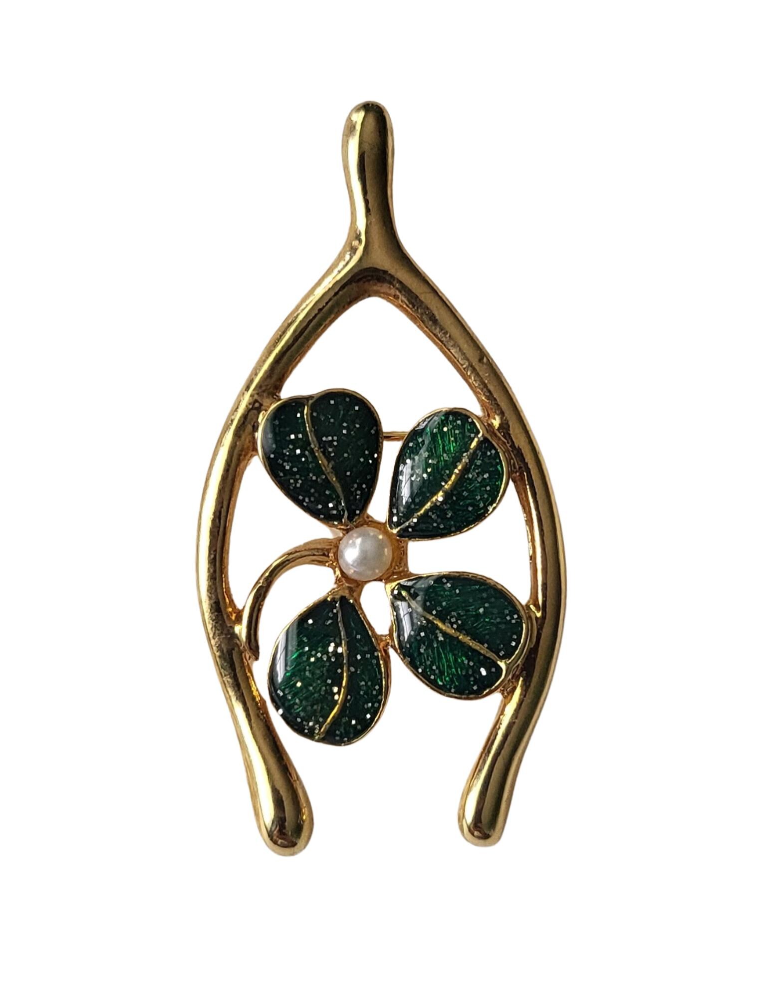 Vintage JJ Enamel Clover Brooch: Lucky Wishbone Pin, St. Patrick's Day