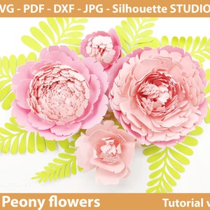 Modèle de fleurs en papier pivoine géante SVG - modèle de fleurs en papier bricolage - toile de fond fleur imprimable, mariage svg fleur, pépinière de fleurs en papier PDF