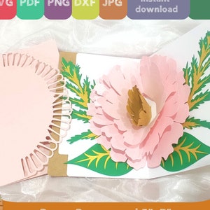 Carte de voeux pop-up pivoine 3D, carte pop-up fleur bricolage, imprimable 5 x 7 pouces svg, carte de Saint-Valentin, carte de voeux d'anniversaire fait main