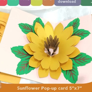 Pop-up Sunflower greeting card template 5x7", printable DIY 3D greeting card svg, Floral pop up card