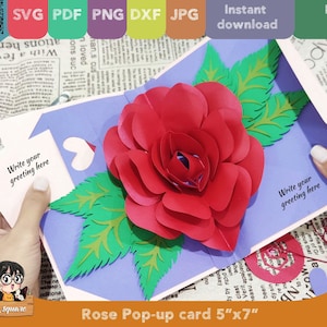 3D Pop-up Rose greeting card, flower Pop up card, printable 3d card Svg cricut, Valentine handmade birthday greeting card for mother