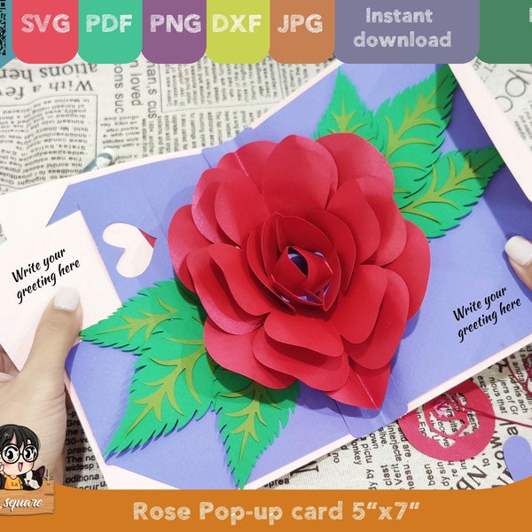 3D Pop-up Rose greeting card, flower Pop up card, printable 3d card Svg cricut, Valentine handmade birthday greeting card for mother