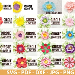 40 Circle Paper flowers SVG, flower templates, flower printable PDF, DXF Jpg Png files for cricut silhouette, svg flower cut files