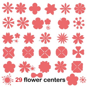 Op de afbeelding: Een set van 29 verschillende bloemcentrumontwerpen in verschillende vormen en maten. De centra zijn allemaal effen roze en perfect voor knutselen.