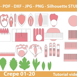 20 modelli di fiori di carta crespa, fiori di carta crespa SVG, margherite di carta crespa, peonie di carta crespa, file di taglio di fiori di carta crespa PDF DXF Jpg Png per cricut silhouette