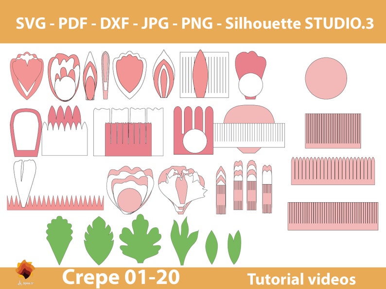 20 Crepe paper flower templates, crepe flower SVG, crepe daisy, crepe peony, crepe flower cut files PDF DXF Jpg Png for cricut silhouette